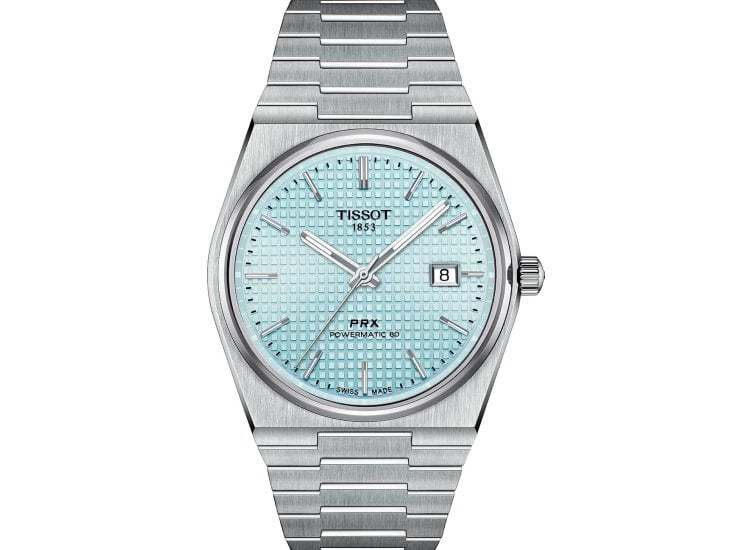 Silver Tissot watch with a light blue face on a white background
