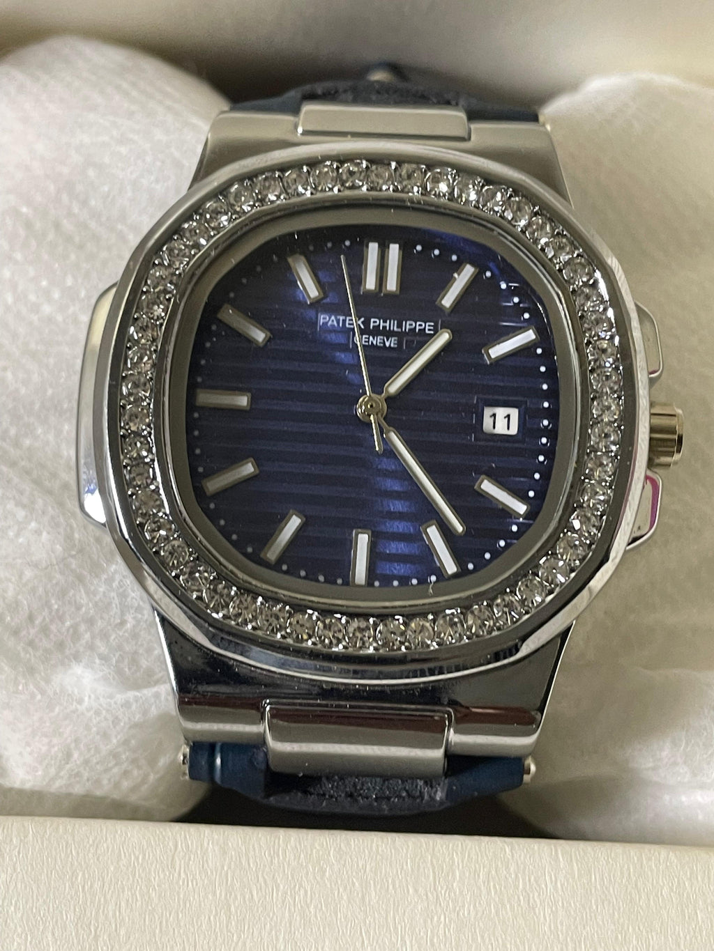 Luxury Patek Philippe Nautilus Watch - Diamond Bezel with Blue Dial & Leather Strap