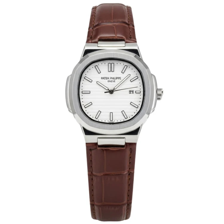 Watch with brown leather strap and silver case on a white background