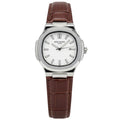 Watch with brown leather strap and silver case on a white background
