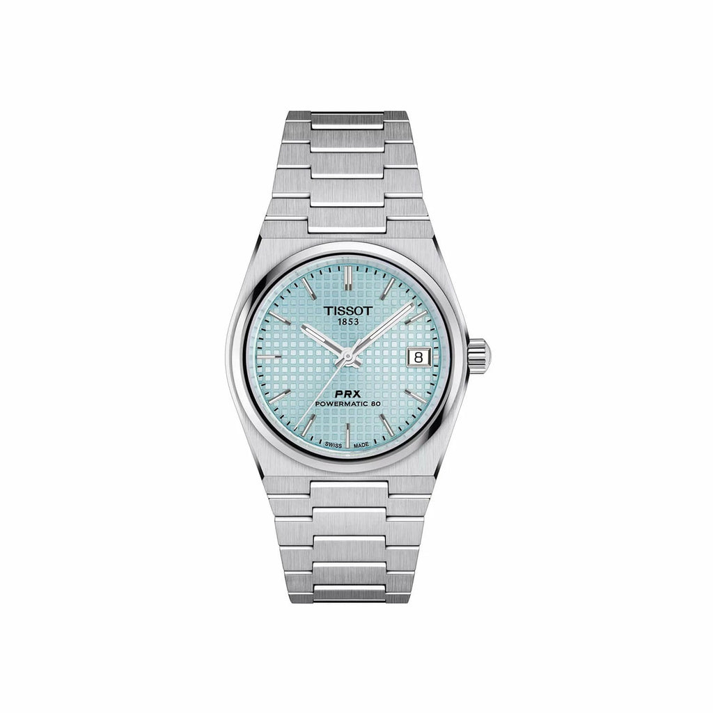 Silver Tissot watch with a light blue face on a white background