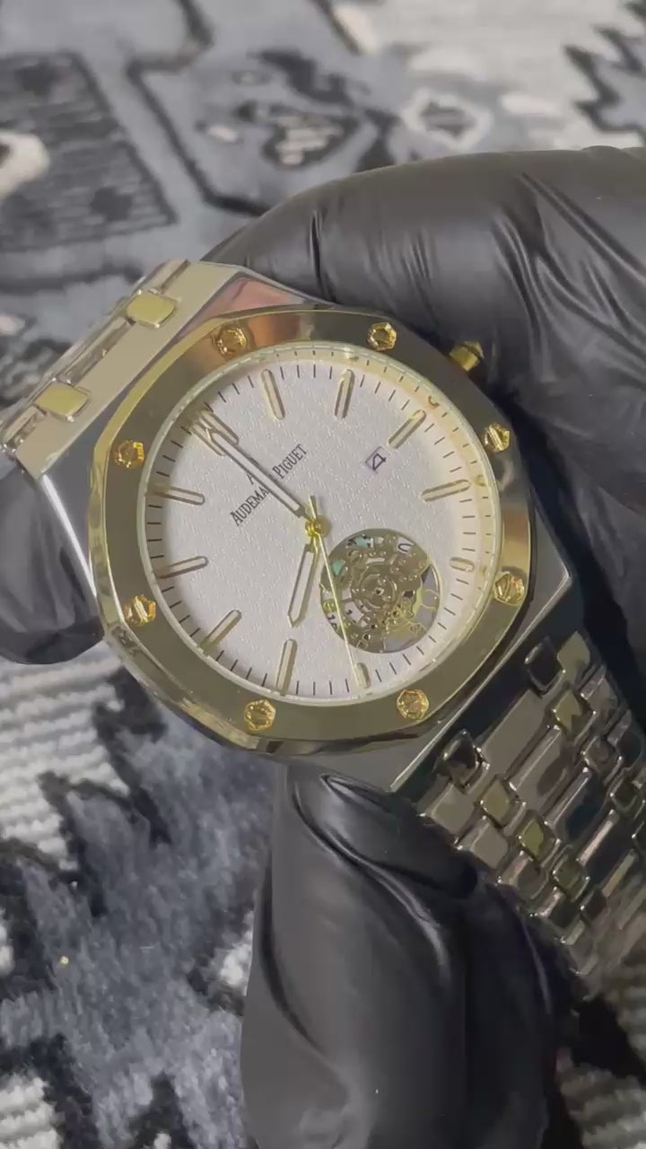 Luxury Audemars Piguet Royal Oak Selfwinding Two-Tone Watch - White Tapisserie Dial with Open-Heart