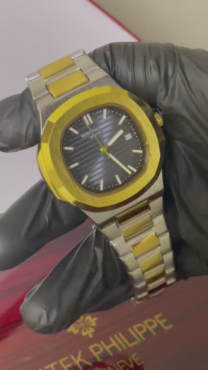 Luxury Patek Philippe Nautilus Two-Tone Watch - Black Dial with Gold Accents